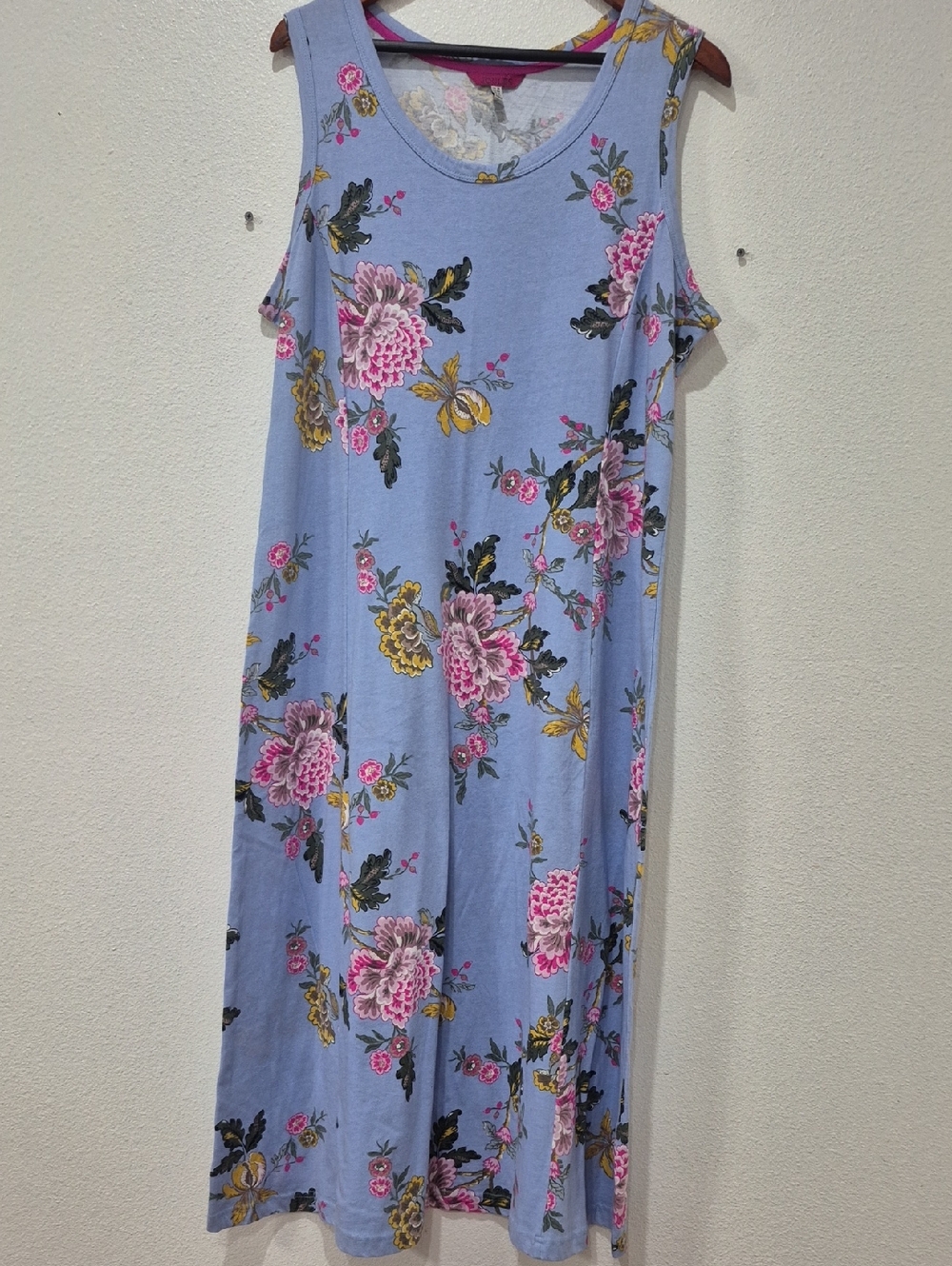 Joules Light Blue Floral Knit with Pink Trim Super Soft Size 14 Long Dress.